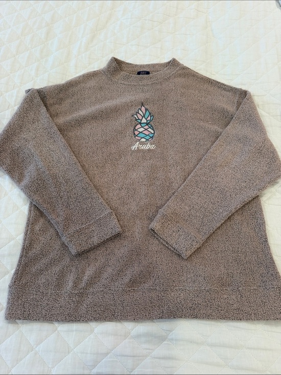 MV Sport Tops - MV Sport Taupe Crewneck Sweatshirt with Teal & Pink Pineapple